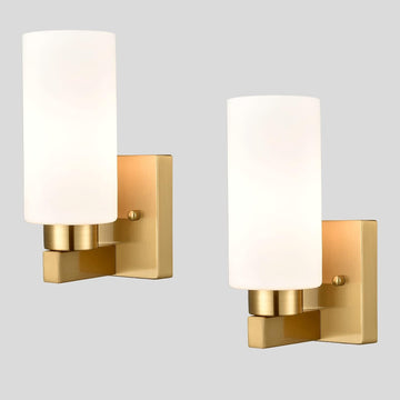 Modern Gold Wall Sconce Dimmable Bathroom Vanity Light with Milky White Cylinder Glass Shade Set of 2