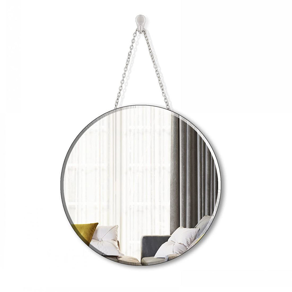 Round Silver Mirror with Iron Chain for Wall Decor Diameter Circle 12 inch Wall Hang Frame Less Mirror Small