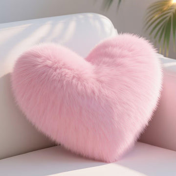 Pink Heart Pillow, Faux Fox Fur Heart Decorative Pillows, Heart Shaped Throw Pillow for Bed, Soft Fluffy Decorative