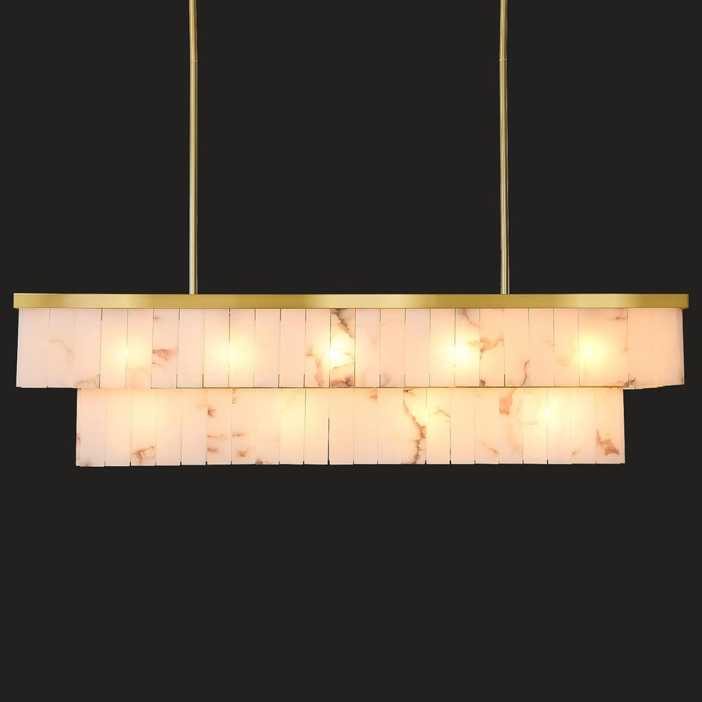 Rectangle Alabaster Chandelier, L55 Marble Rectangular Chandeliers for Dining Room, 2 Tiers Gold Dining Room Chandelier Over Table Brass Modern Cahndeliers for Kitchen Island(Include 12 Bulbs) A125-B0F6LVTS2T