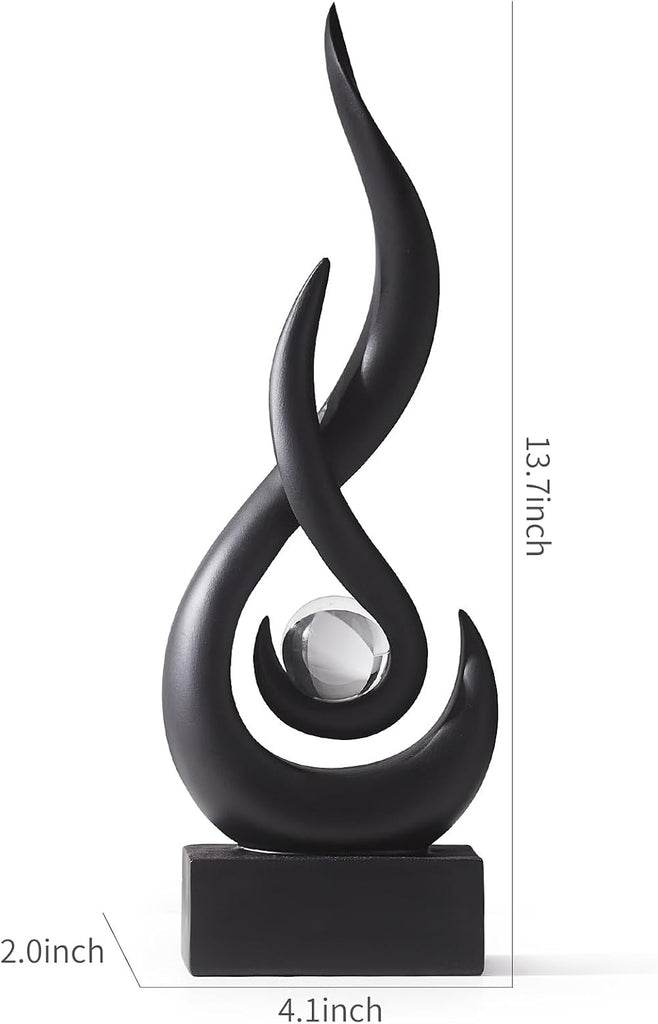 Modern Black Sculpture Decor: Flame Statue with Glass Ball Resin Abstract Art Figurines Unique Centerpiece TV Stand