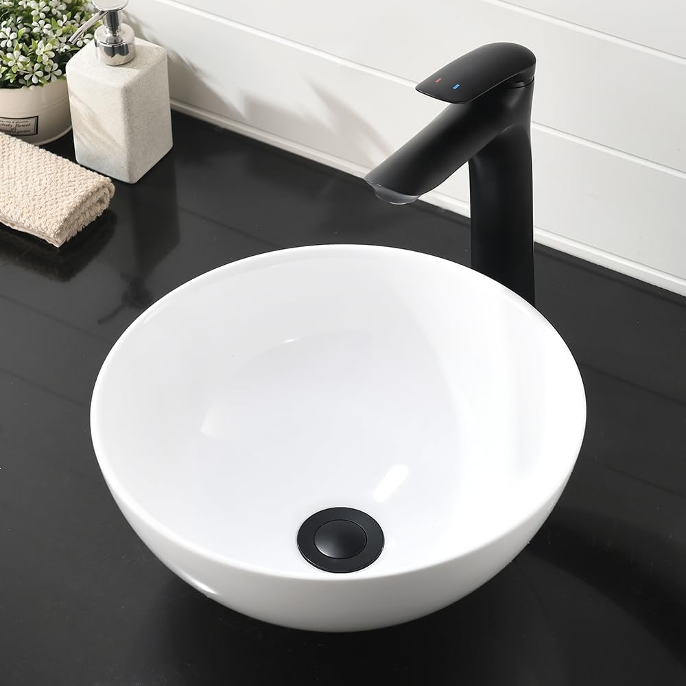 Round Bathroom Sink- VASOYO 13x13 Inch Small Vessel Sink Above Counter Bathroom Vanity Sinks White Porcelain Ceramic