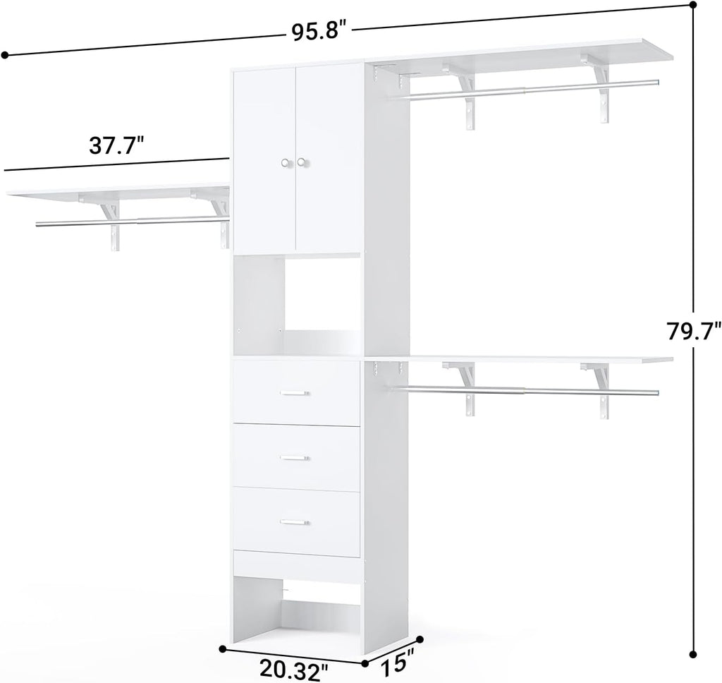 96 Inches Closet System with Doors, 8FT Walk In Closet Organizer with 3 Shelving Towers, Heavy Duty Clothes Garment