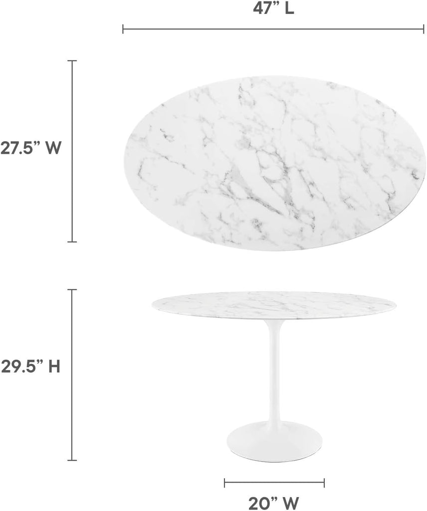 Lippa 48" Oval-Shaped Mid-Century Modern Dining Table with Artificial Marble Top and White Base