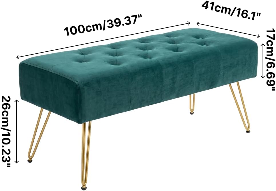 Velvet Button-Tufted Entryway Bench, 39.37" Modern Upholstered Bedroom Bench with Gold Metal Legs, Padded Rectangular