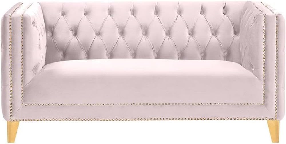 652Pink-L Michelle Collection Modern | Contemporary Loveseat with Deep Button Tufting, Gold Nailhead Trim and Sturdy