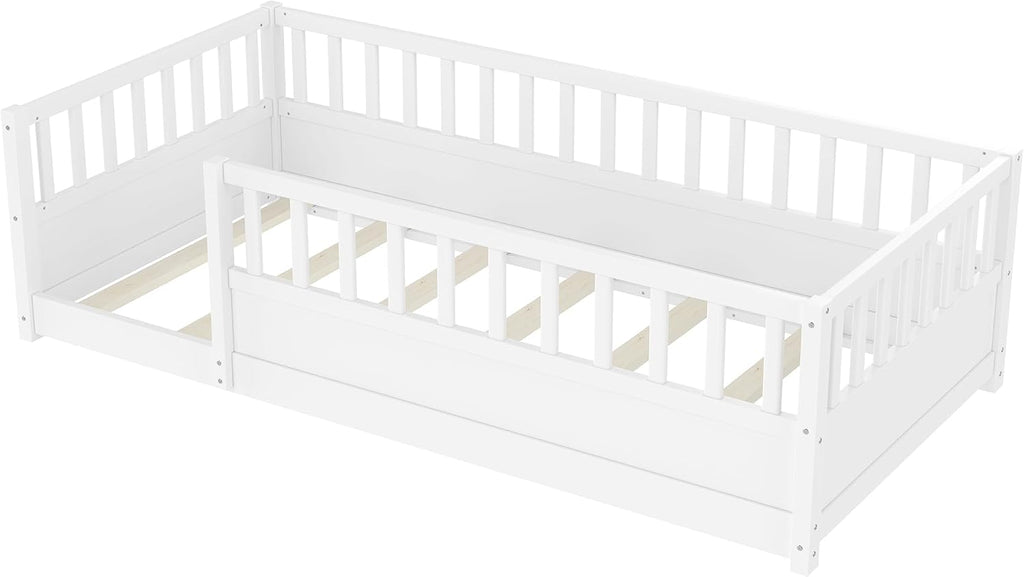 Twin Size Montessori Floor Bed with High Rails, High Rails Floor Bed with Slats and Fence, Easy Assemble Montessori