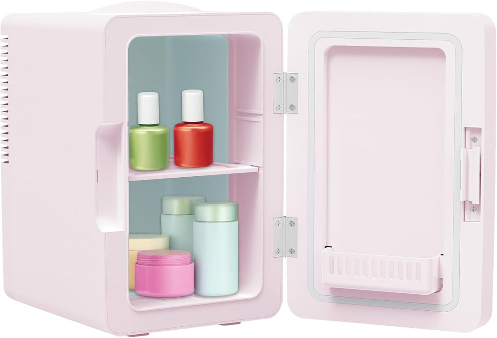 6L Mini Cooler Fridge with LED Makeup Mirror for Skincare & Cosmetic Storage Cooler & Warmer Removable Shelf Carrying