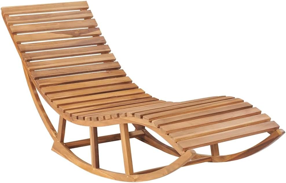 Teak Chaise Lounge Outdoor, 70.9"x23.6"x28.7" Waveform Wood Sun Lounger with Rocking Motion, Thick Brown Cushion