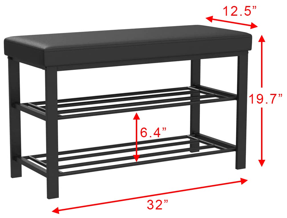 Entryway Shoe Rack with Cushioned Seat, Shoe Bench for Entry, 2 Shelves Storage Bench w/Faux Leather Top Bed Bench