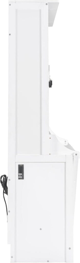 Queen Murphy Bed with Desk, LED Lights & USB Charging Station,Solid Wood Vertical Murphy Wall Bed Cabinet with Storage Shelves for Adults Bedroom Office Space-Saving (White,Queen)