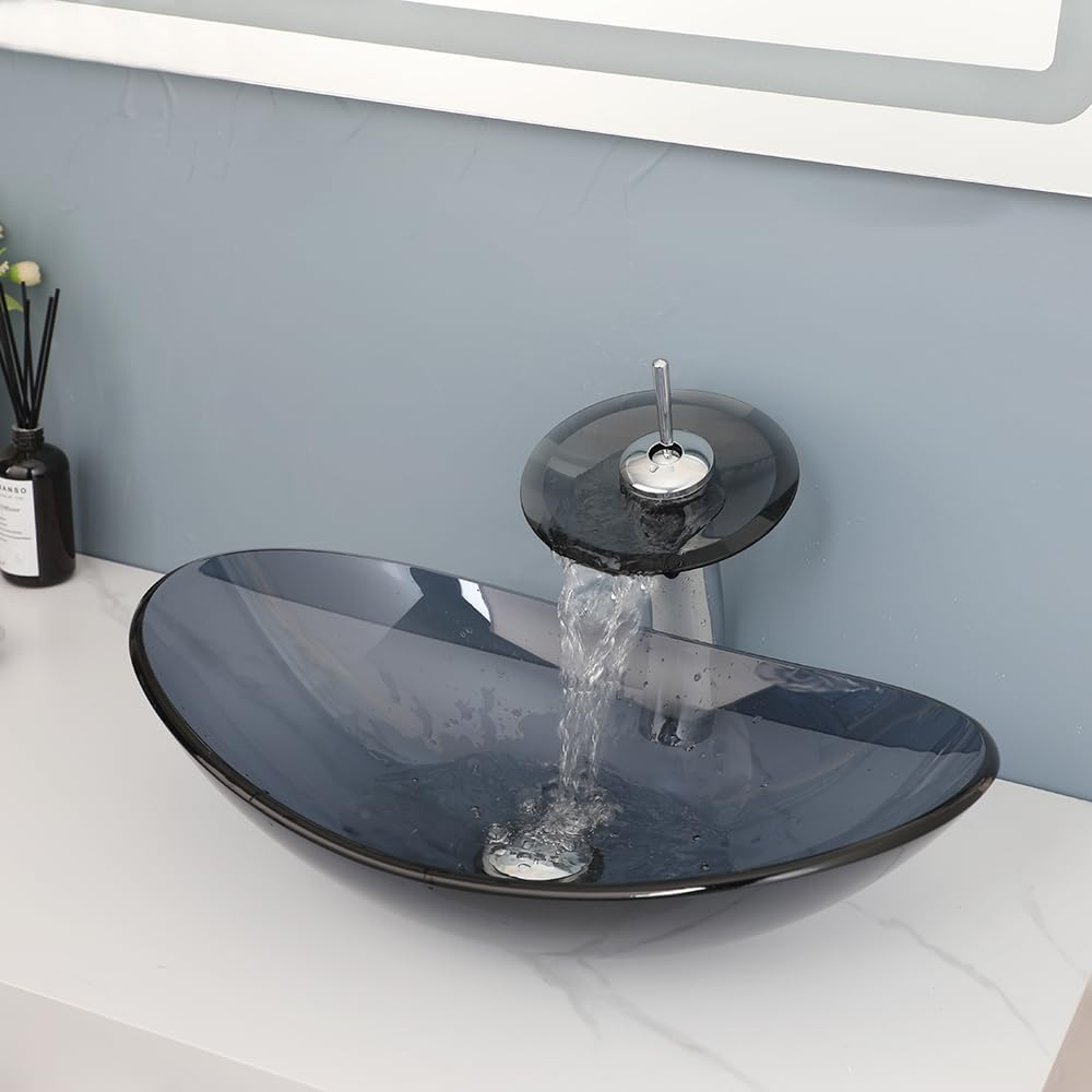 22" x 14" Oval Grey Vessel Sink Glass Sinks Bowl Above Counte, Bathroom Sink with Faucet and Drain Tempered Glass Sinks