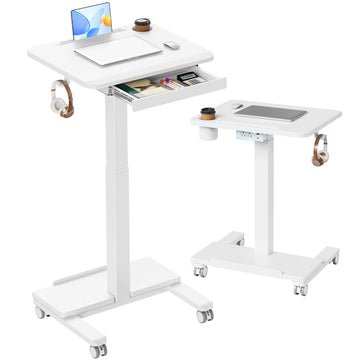 24" Small Mobile Standing Desk with Drawer and Charging Station