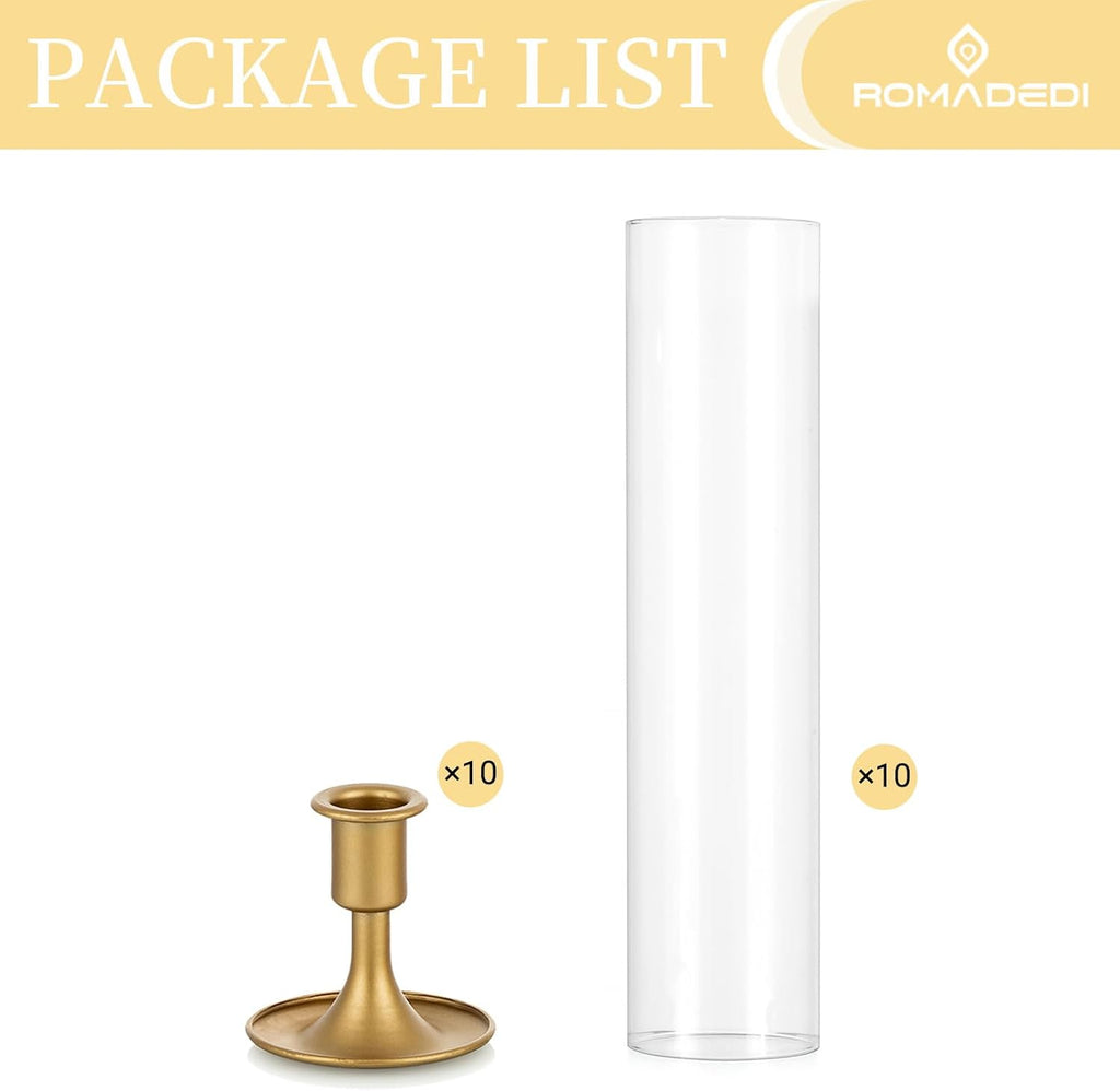 Hurricane Candlestick Holders Gold - 10 Pcs Taper Candle Holders Bulk Tall Clear Glass Cylinder for Wedding Table