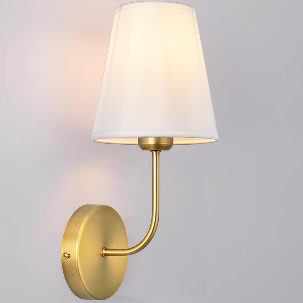 Antique Brass Hardwired Wall Sconce Set of 2 - Gold Finish with White Fabric Shades，Bedroom Lighting, Living Room