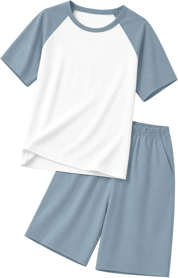 Boys Pajamas Set Two Piece Cotton Sleepwear Kids Short Sleeve Top and Shorts PJS Set with Pockets