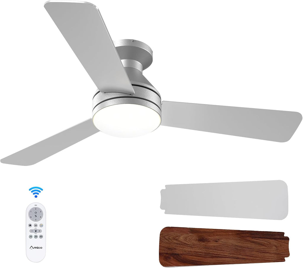 Ceiling Fans with Lights, 42 inch Low Profile Ceiling Fan with Light and Remote Control, Flush Mount, Reversible, 3CCT, Dimmable, Noiseless, Silver Ceiling Fan for Bedroom, Indoor/Outdoor Use A102-B0D87FTJGZ