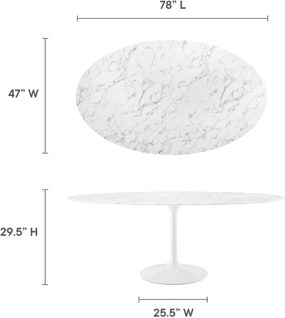 Inspired Saarinen Style Tulip Oval Pedestal Dining Table — White Base / Marble Top, 78″ Oval