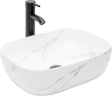 Bathroom Vessel Sink 18'' x 12.6'' Ceramic Porcelain Bathroom Sink Above Counter Basin Washing Bowl with Faucet Pop up Drain Combo, Marble