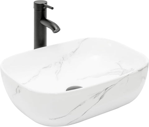 Bathroom Vessel Sink 18'' x 12.6'' Ceramic Porcelain Bathroom Sink Above Counter Basin Washing Bowl with Faucet Pop up Drain Combo, Marble Rectangle A131-B0CLGY45K1