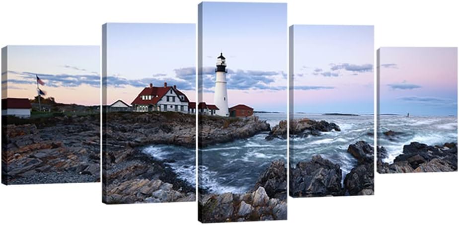 Large Canvas Prints Wall Art Portland Lighthouse Landscape Pictures to Photo Paintings Bathroom Home Decoration Wall - Set of 5