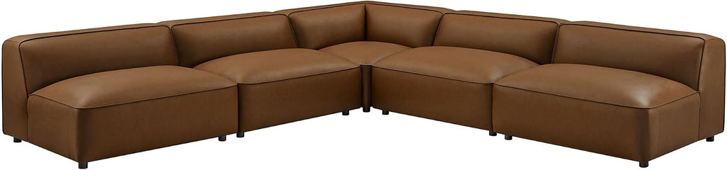 Auren Vegan Leather 5 Piece Armless Modular Sofa in Coffee - Faux Leather L Shaped Sectional - Comfy Modern PU