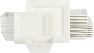 Zen Buffet Hard Square Porcelain Chip and Scratch Resistant Dinnerware Set, White, Service for 8 (24pcs)