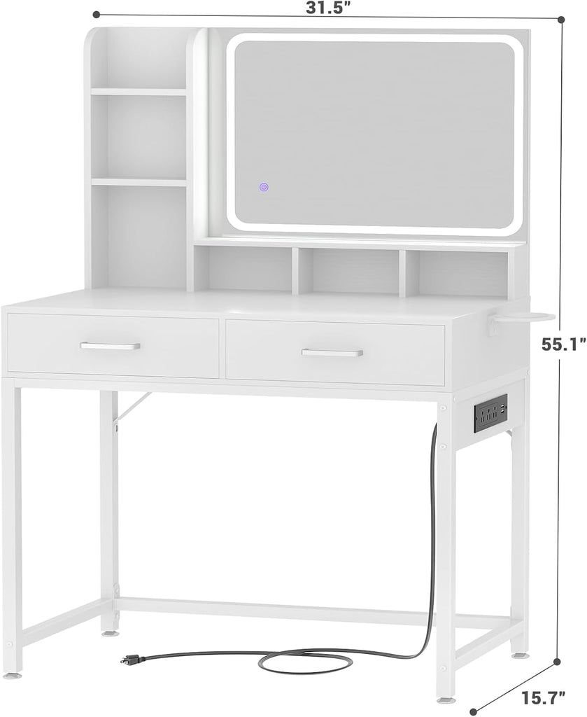 Small Vanity Desk, Vanity Desk with Mirror and Lights, Makeup Vanity Desks with Power Strip, Vanity Table with