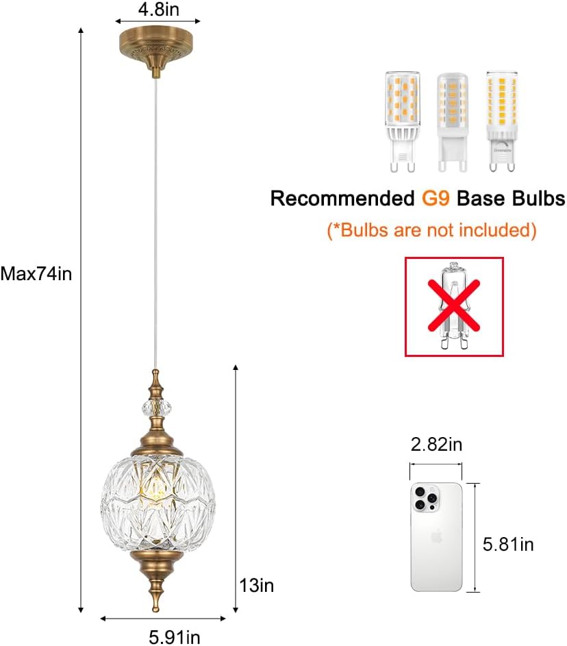 Vintage Pendant Lights Kitchen Island Set of 2, Brass Bathroom Pendant Light with Small Detachable Glass, Modern