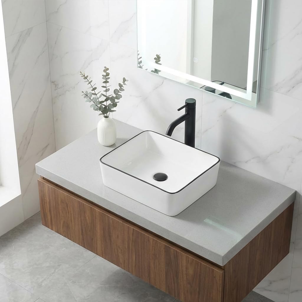 Rectangle Vessel Sink, 16"x12" Above Counter Bathroom Sink Rectangular Small White Ceramic Vessel Sinks for Bathrooms