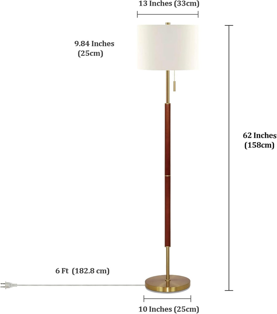 62" Walnut Gold Floor Lamp, 1200LM 3-Way Dimmable Mid Century Modern Floor Lamp Office