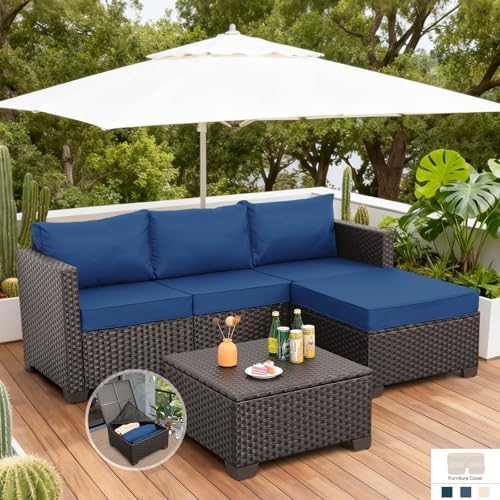 3-Piece Wicker Outdoor Patio Furniture Set | Navy Blue All-Weather Resistant for Patio, Garden & Porch