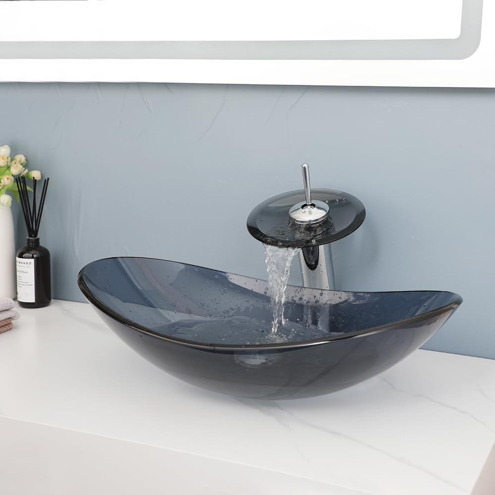 22" x 14" Oval Grey Vessel Sink Glass Sinks Bowl Above Counte, Bathroom Sink with Faucet and Drain Tempered Glass Sinks