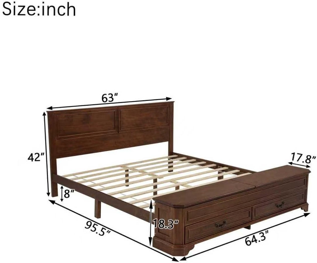 Queen Farmhouse Style Bed Frame with Storage Bench, 2 Drawers & Lift-Top Compartments, Solid Wood Platform Bed with