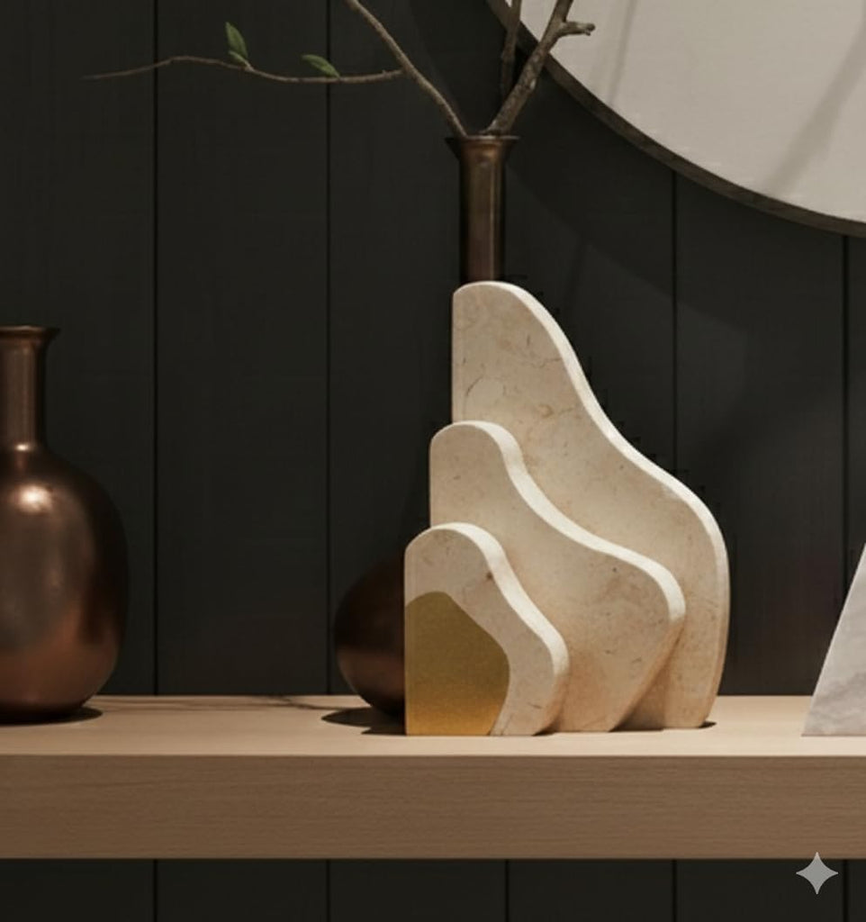 Modern Stone Wave Bookend with Gold Accent - Sculptural Shelf Decor, Heavy Minimalist Book Holder, Contemporary Home