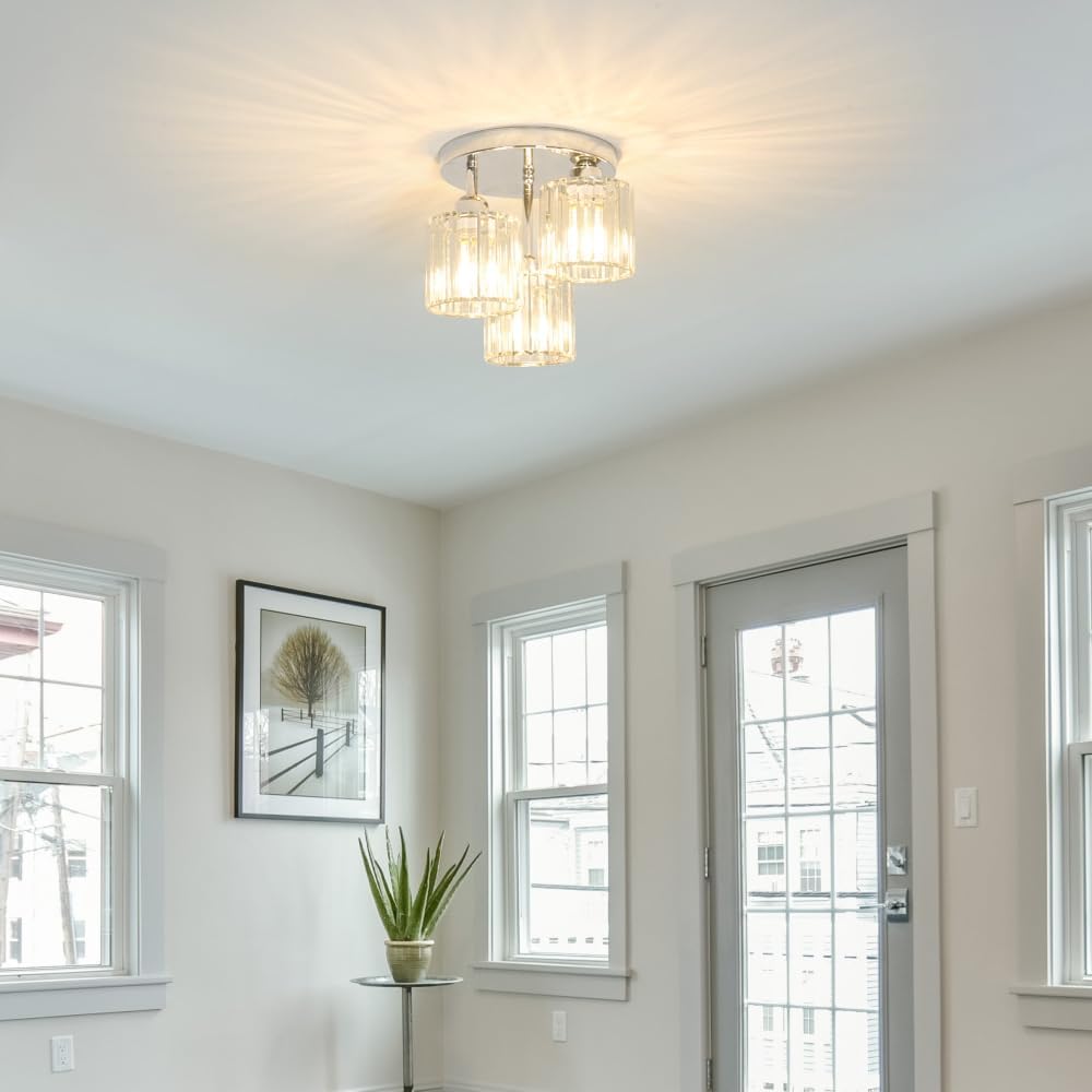 Crystal Ceiling Light Fixture, Chrome Semi Flush Mount Ceiling Light Fixture, 3-Light Hallway Lighting with Clear