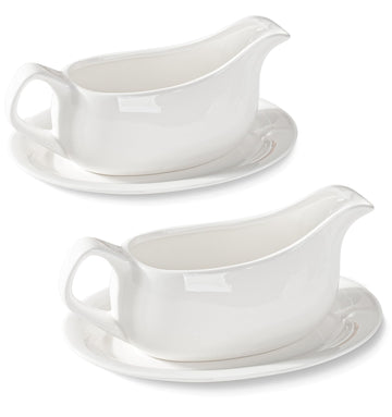 Gravy Boat with Saucer 19 Oz Set of 2 - White Porcelain Gravy Bowl, Ceramic Sauce Dispenser for Turkey, Dressing