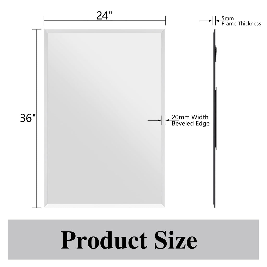 Frameless Bathroom Mirror, 24" x 36" Beveled Wall Mirror