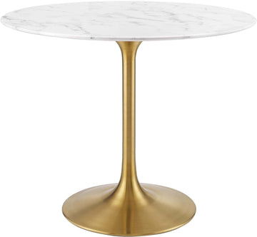 Inspired Saarinen Style Tulip Round Pedestal Dining Table — Gold Base / White Marble Top, 36″ Round