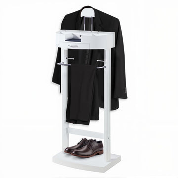 White Valet Stand For Women With Drawer Wood Suit Stand For Mens with Contour Hanger Trouser Shoe Rack Tie & Belt