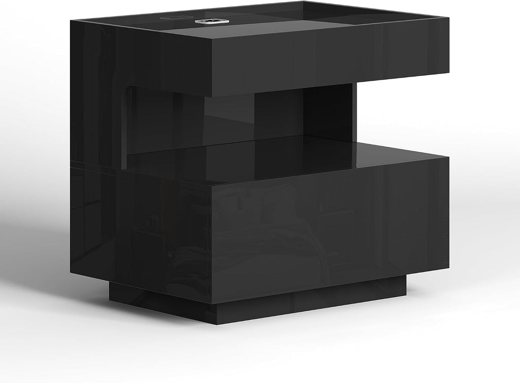 Nightstand with Gun Drawers , Smart LED Night Stand with Hidden Compartment, High Gloss Bedside Table with 3 Color