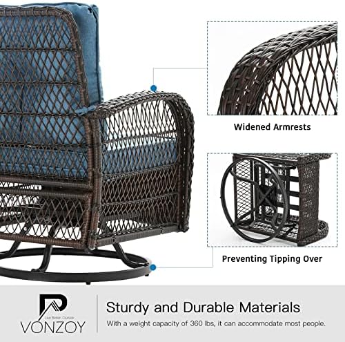 3-Piece Wicker Outdoor Patio Furniture Set - Swivel | Blue for Patio, Garden & Porch