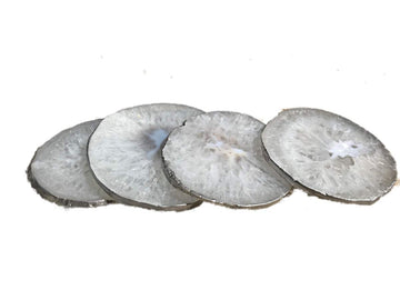 Agate Coaster Set of 4 - Silver Plated Authentic Brazilian Agate Coasters - White