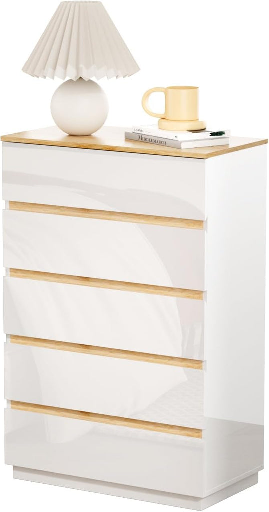 5 Drawer Dresser , 45" H Tall Dresser Chest of Drawers, High Gloss Wood Modern Storage Cabinet with Brown Top