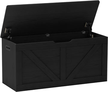 39.4" Storage Chest, Wooden Storage Bench, Large Storage Trunk | Entryway Shoes Bench with 2 Safety Hinges, Black
