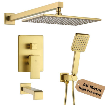 Shower Tub Faucet Set Brushed Gold Bathroom Shower System with Tub Spout Wall Mounted Rainfall 12 Inch Thickened