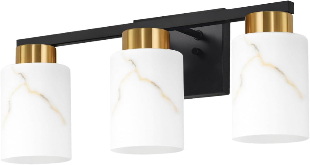 3-Light Bathroom Light Fixtures, Modern Vanity Lights, Black and Gold Metal Wall Lamp with White Marble Glass