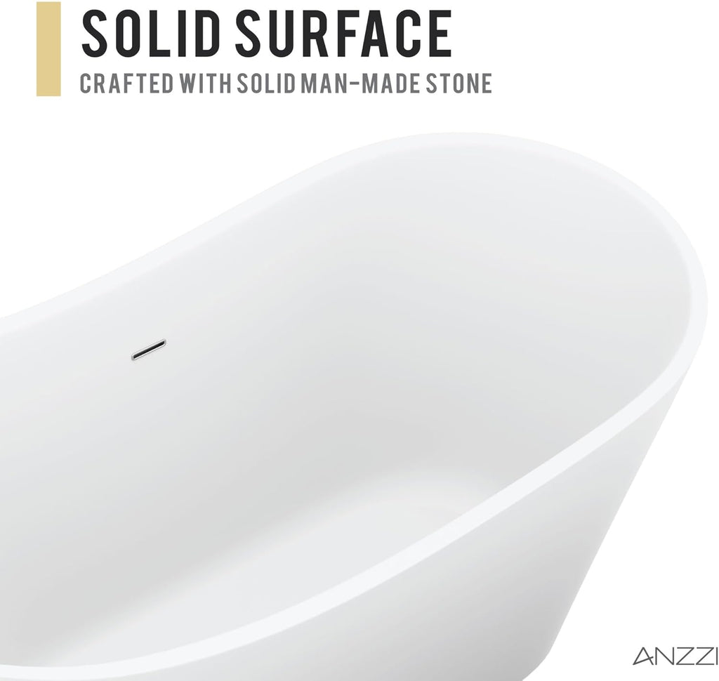 Tuasavi Series 68 in. x 29 in. Flat Bottom Solid Surface Freestanding Soaking Bathtub with Center Drain in Matte White