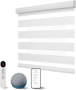 Motorized Zebra Blinds with Remote, White, 23" W x 72" H