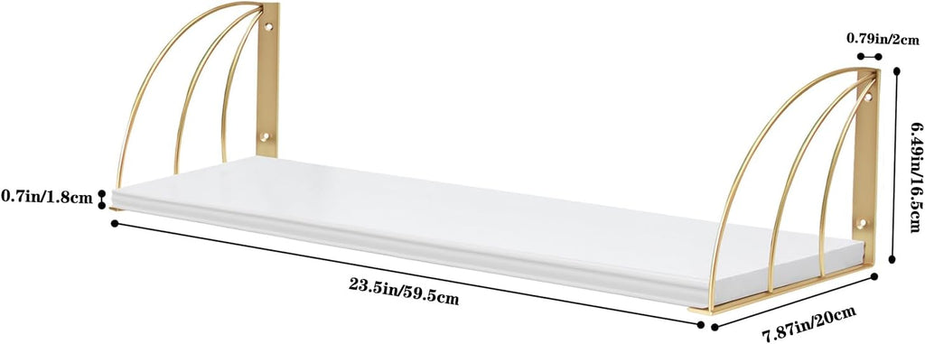 Gold White Shelves Pine Wood 23.5×7.87 Inch Book Shelf for Wall with Elegant Lines,Gold Floating Shelves,Floating
